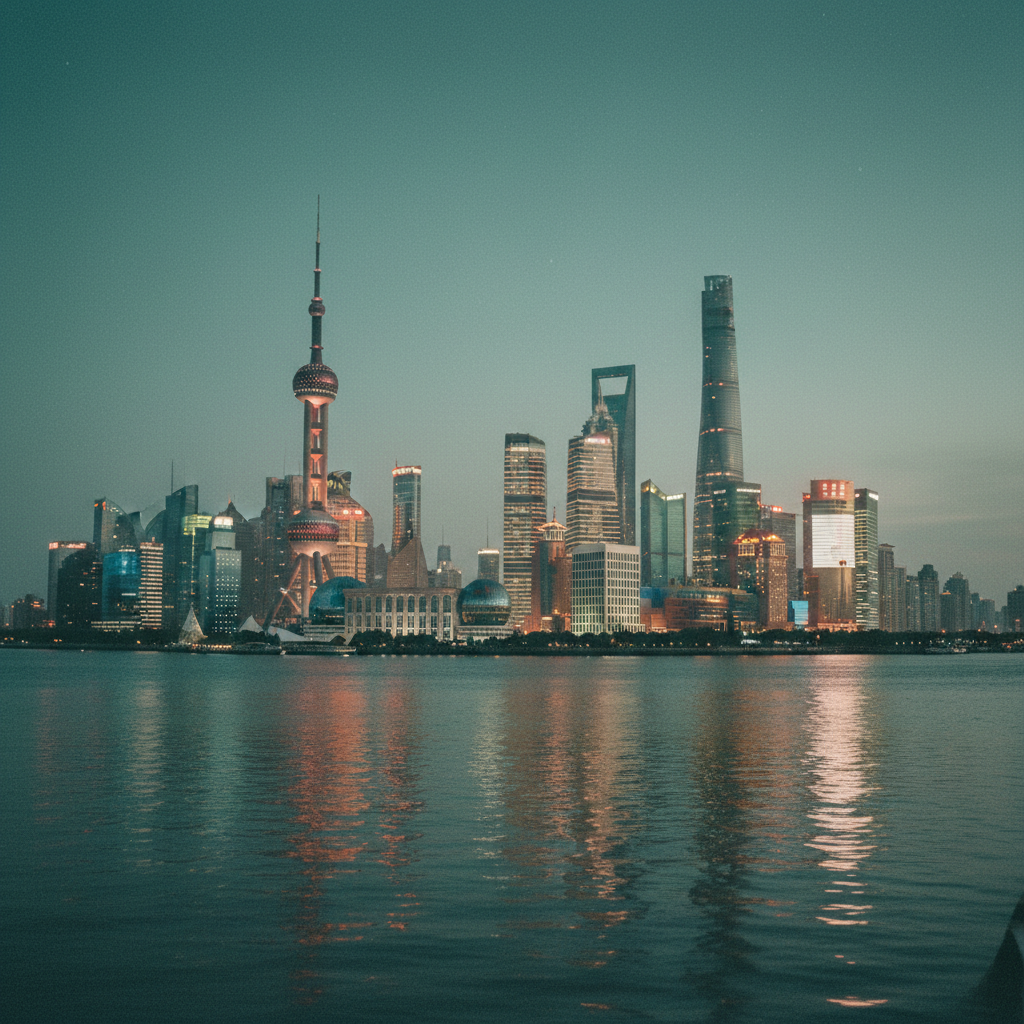 Vista do horizonte de Pudong, em Xangai, ao entardecer, com os arranha-céus iluminados refletindo na água, em tons de cobre e creme sob um céu verde-azulado.