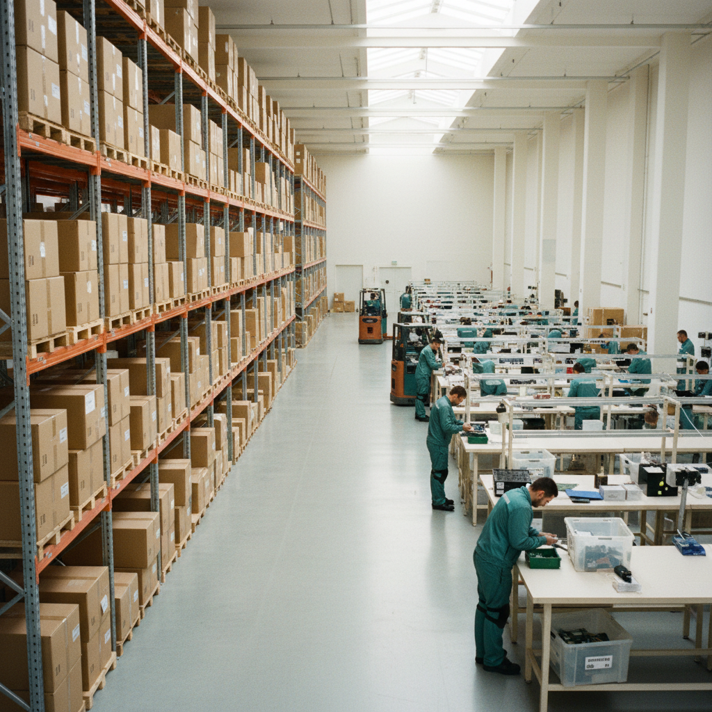 Foto de um grande centro de logística, mostrando a diferença entre a logística de envio, com caixas organizadas, e a logística reversa, com trabalhadores inspecionando e separando produtos devolvidos.