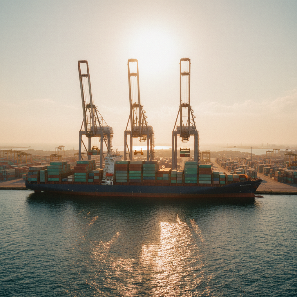 Vista panorâmica do Porto de Santos ao entardecer, com guindastes movimentando contêineres para um grande navio cargueiro, simbolizando a logística do comércio exterior e os Incoterms.