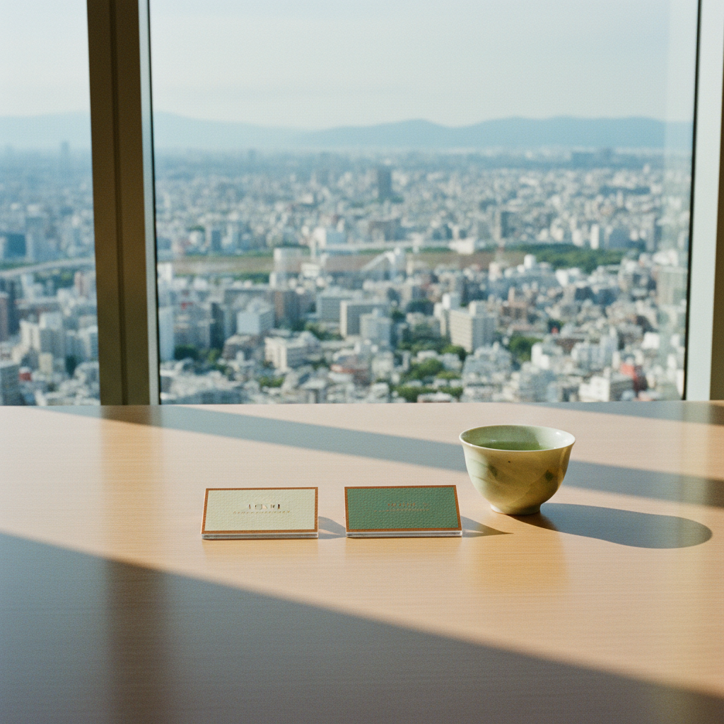 Mesa de reunião minimalista em um escritório em Tóquio, com cartões de visita (meishi) e uma xícara de chá, tendo a paisagem urbana ao fundo.