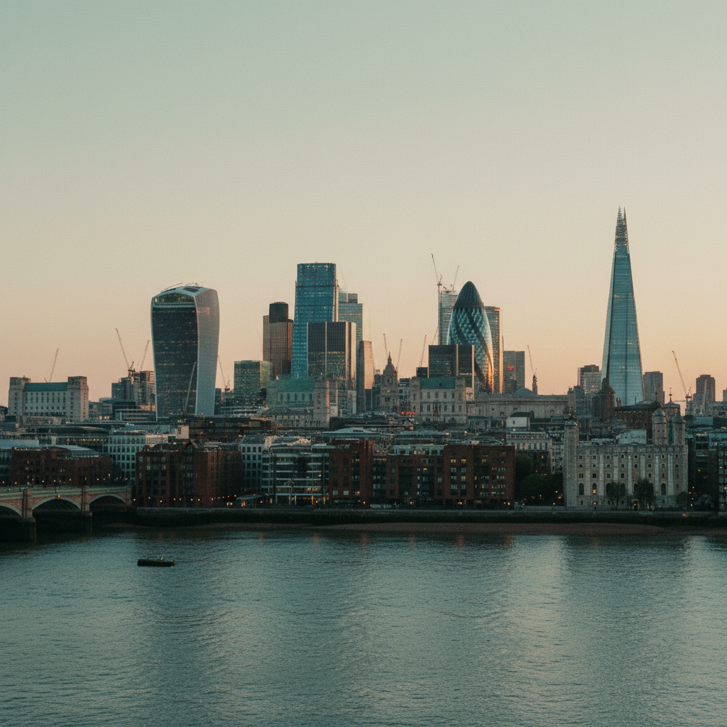 Vista panorâmica do distrito financeiro de Londres ao entardecer, com os arranha-céus iluminados refletindo tons de cobre e verde-azulado no Rio Tâmisa, simbolizando a resiliência da cidade.