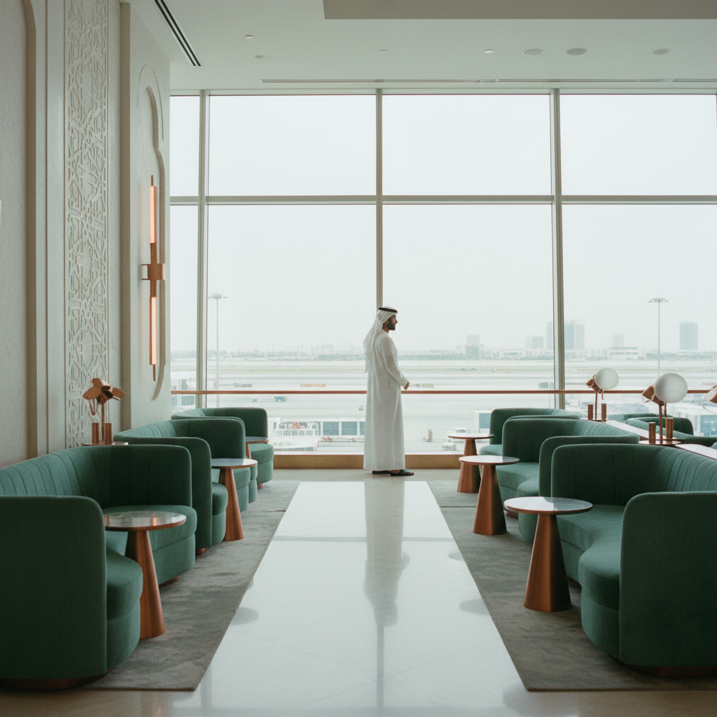 Sala de espera de um aeroporto em Dubai, com arquitetura moderna e paleta de cores em verde-azulado, cobre e creme. Um homem com trajes árabes tradicionais (thawb) observa o movimento na pista.