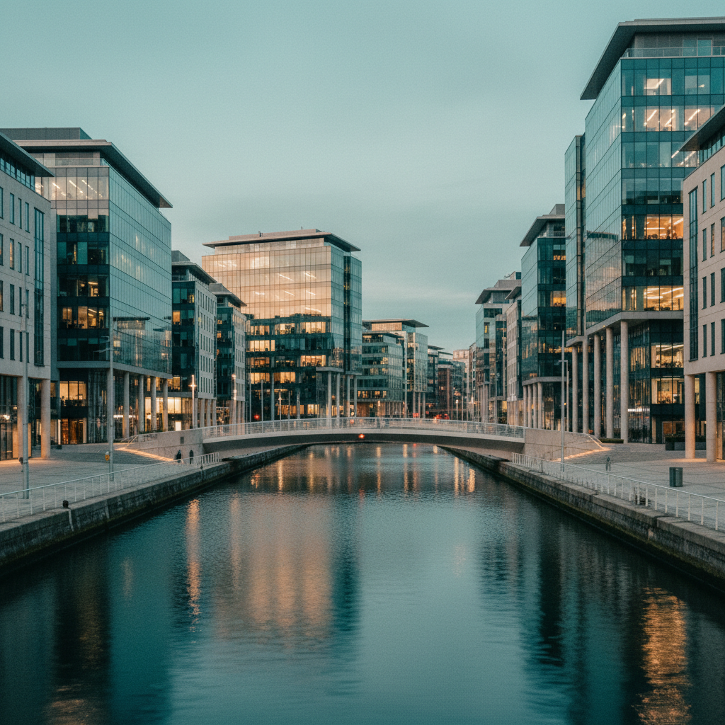 Vista crepuscular dos modernos edifícios de vidro e aço nas Silicon Docks de Dublin, com suas luzes refletidas nas águas calmas do rio Liffey.