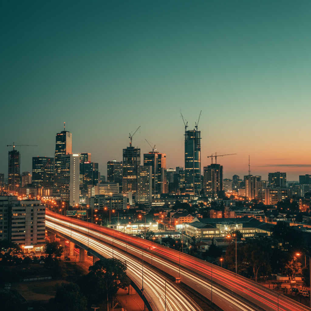Fotografia do horizonte de Nairóbi ao entardecer, com arranha-céus modernos e o tráfego de uma via expressa em primeiro plano, simbolizando o crescimento da cidade.