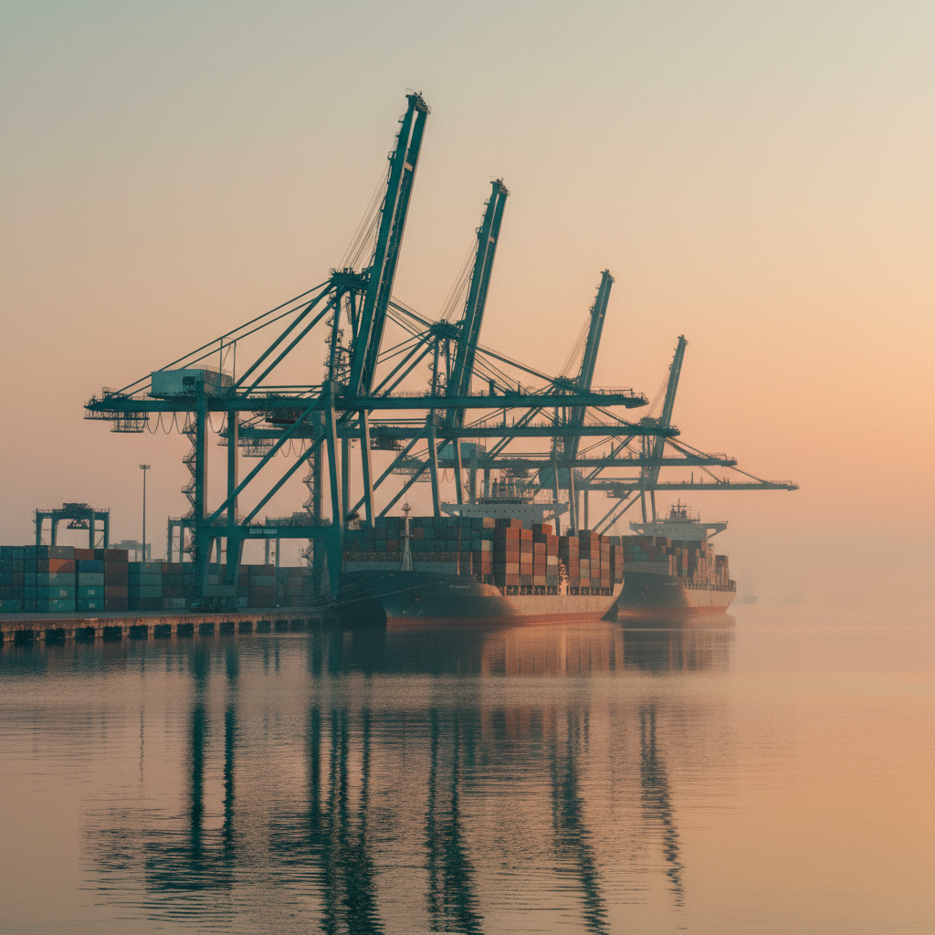 Vista panorâmica de docas comerciais e guindastes portuários em atividade ao amanhecer com atmosfera industrial e luz natural refletida nas águas.