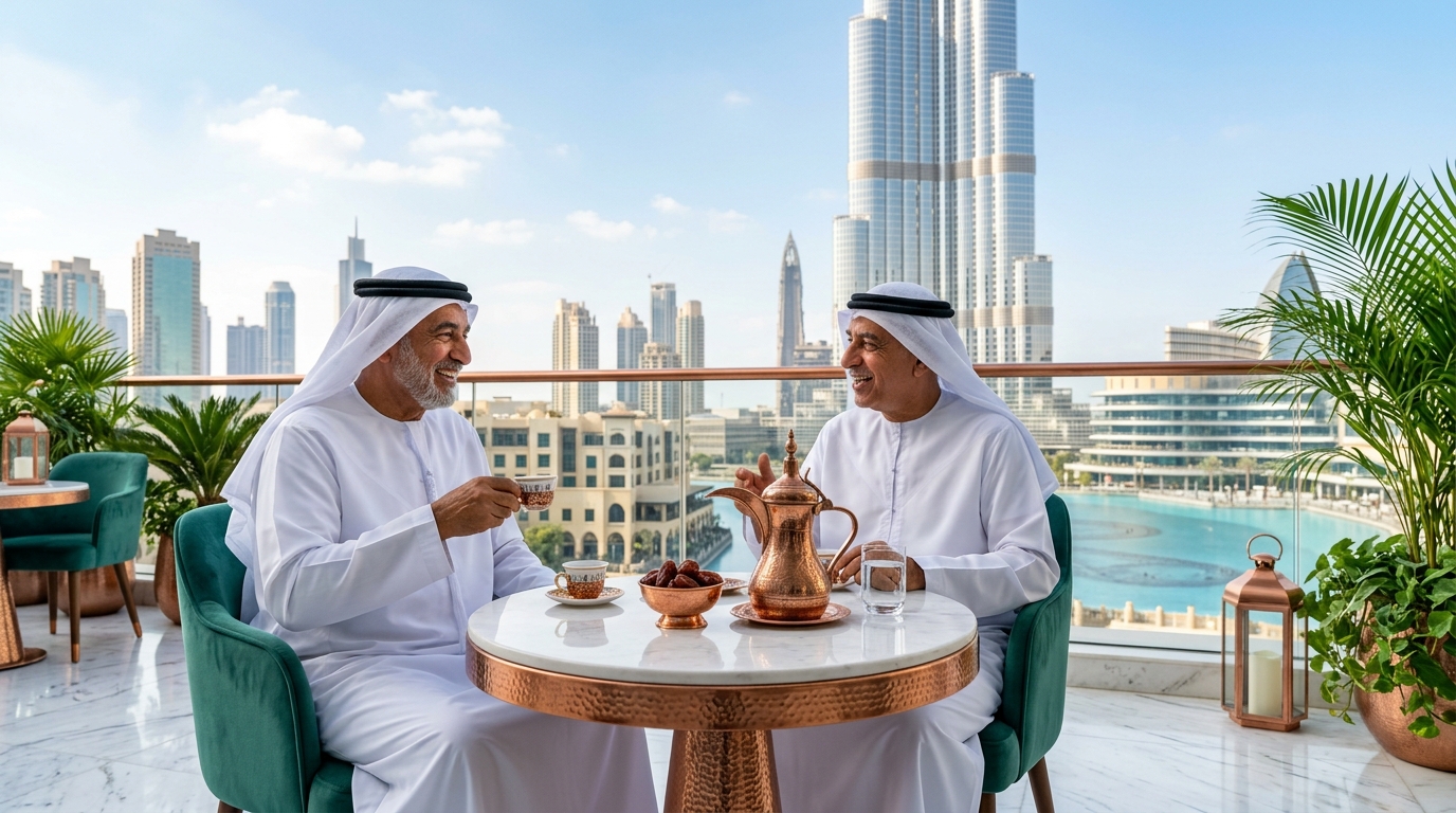Dois homens emiratenses tomando café árabe em terraço com vista para o Burj Khalifa, Dubai